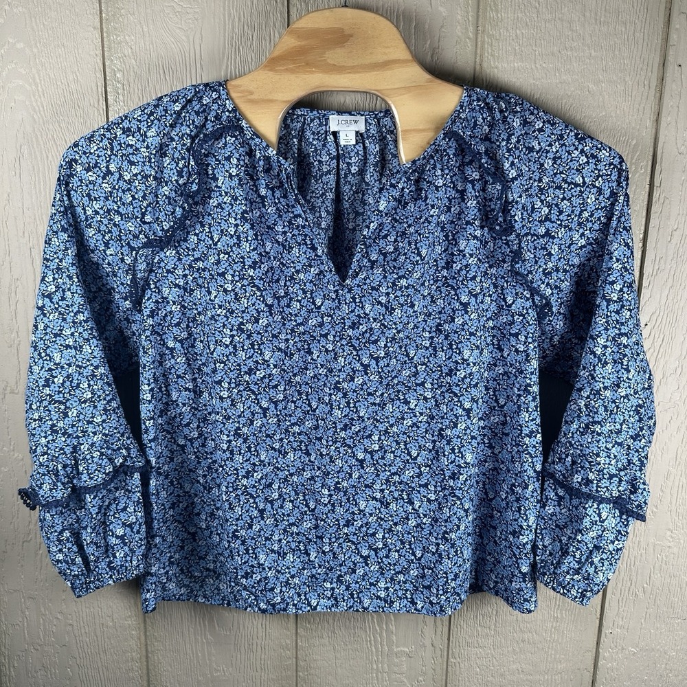J.Crew Factory Peasant Top Womens Large Blue Floral Ruffle Trim Cotton Blouse